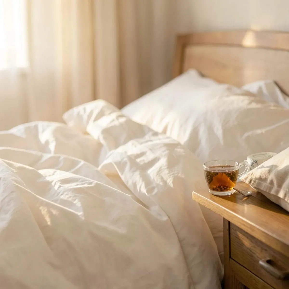 Cama com lençóis claros e xícara de chá na mesa de cabeceira